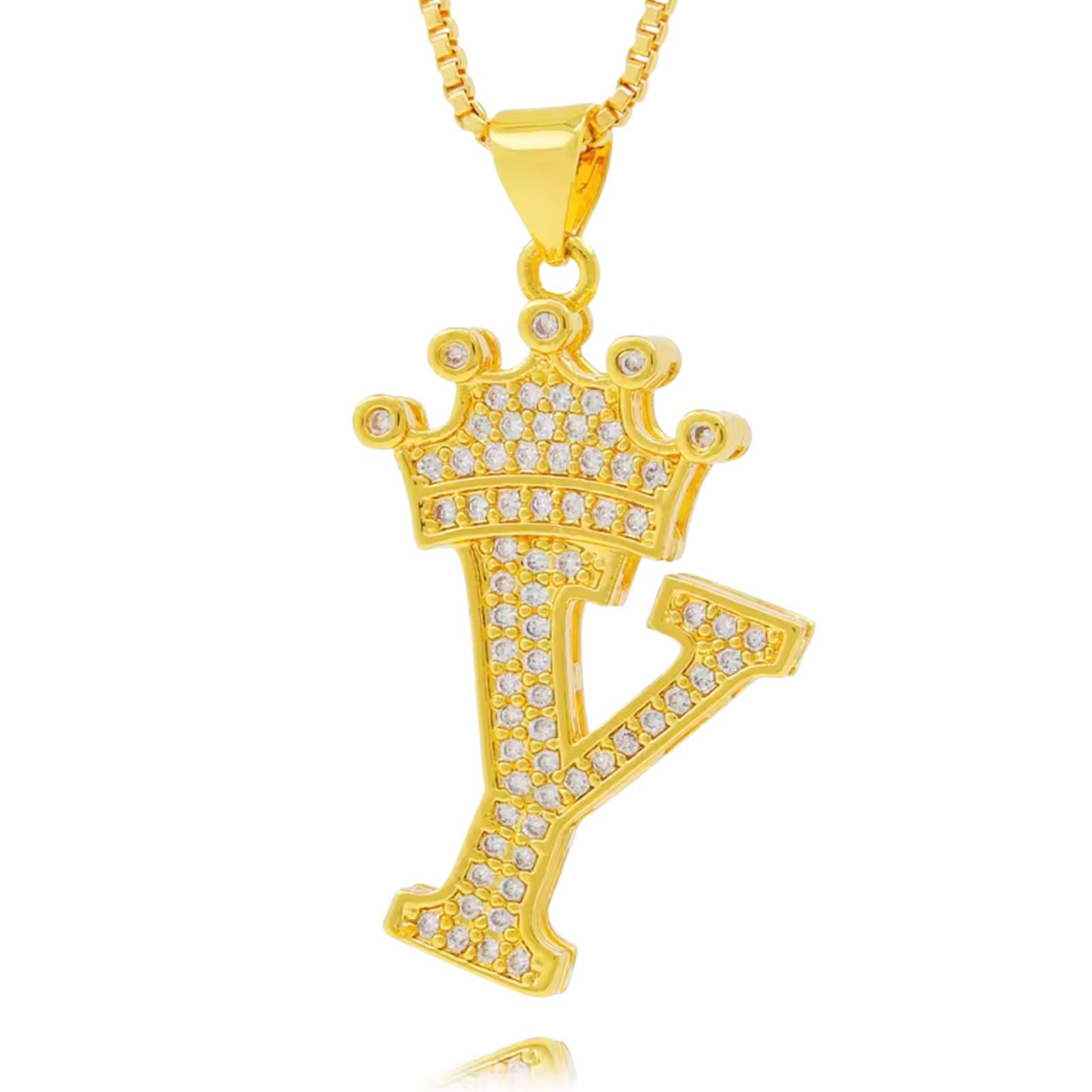 Necklace with English crown letter pendant and white cubic zirconia.