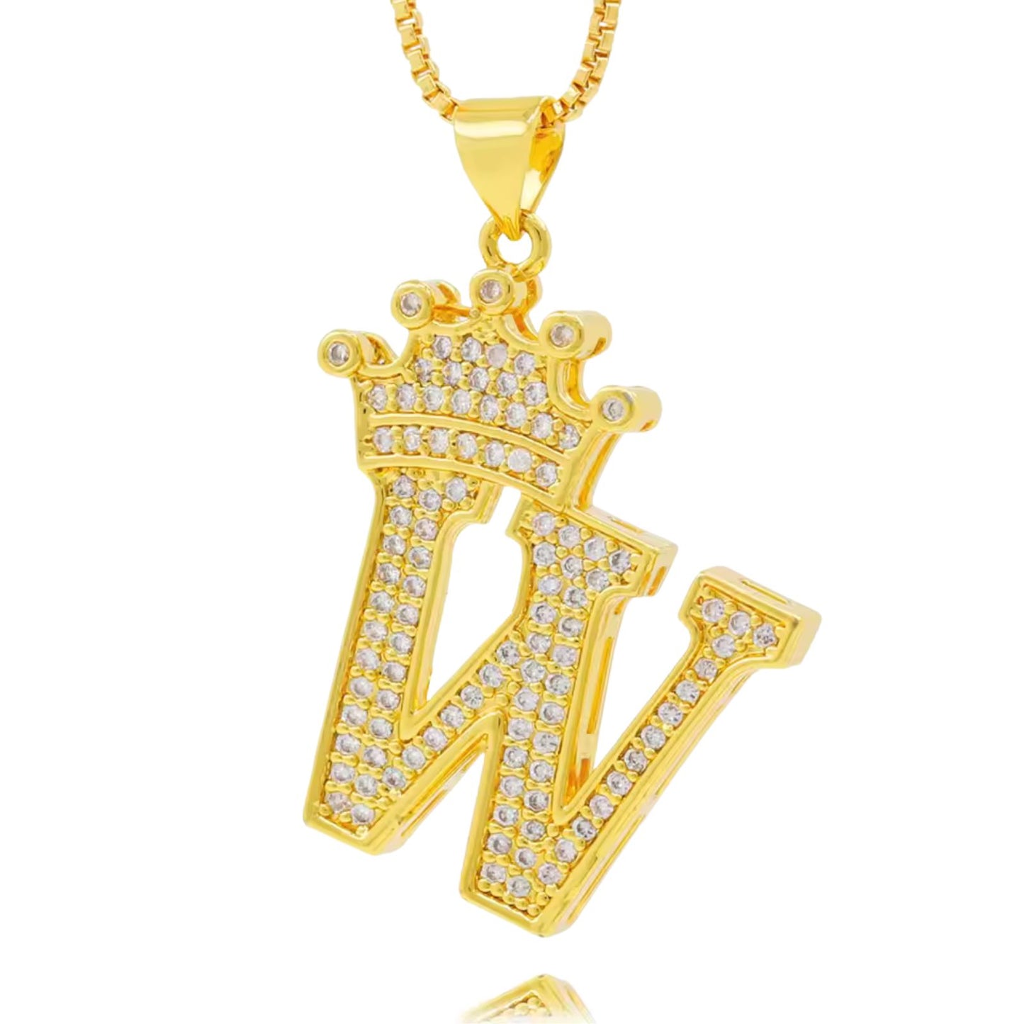 Necklace with English crown letter pendant and white cubic zirconia.