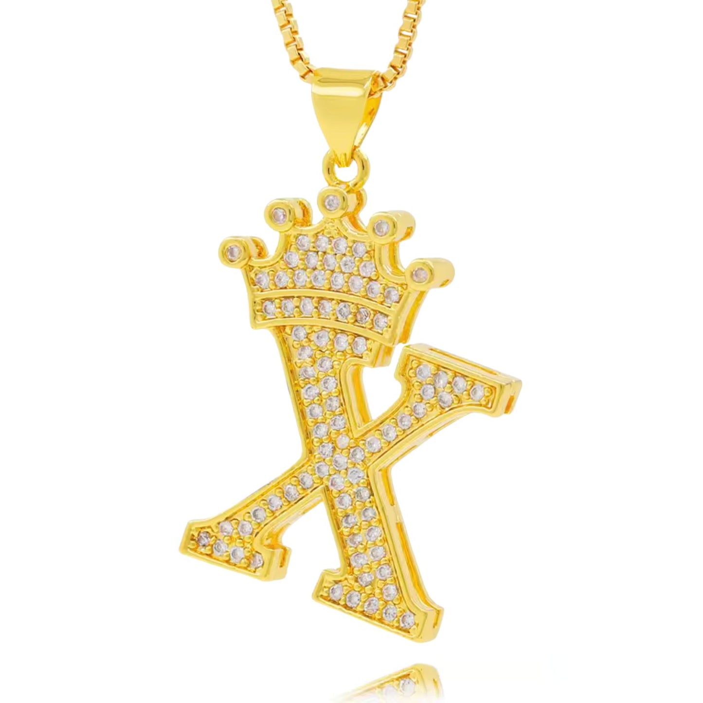 Necklace with English crown letter pendant and white cubic zirconia.