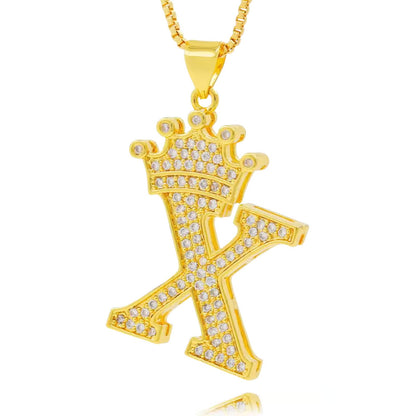 Necklace with English crown letter pendant and white cubic zirconia.