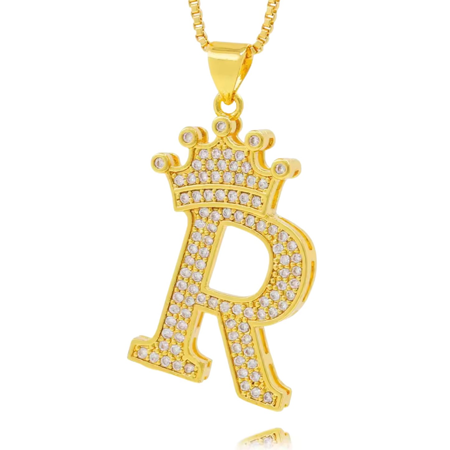 Necklace with English crown letter pendant and white cubic zirconia.