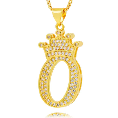 Necklace with English crown letter pendant and white cubic zirconia.