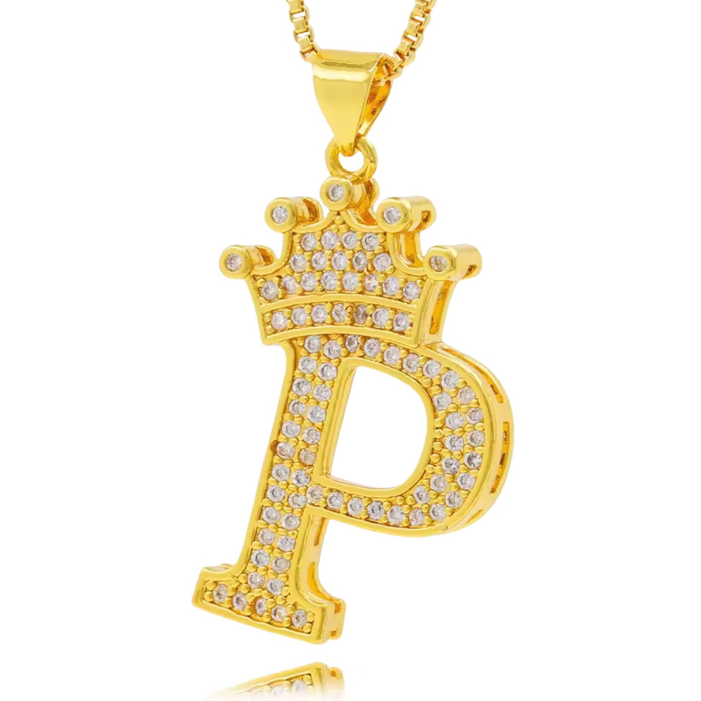 Necklace with English crown letter pendant and white cubic zirconia.