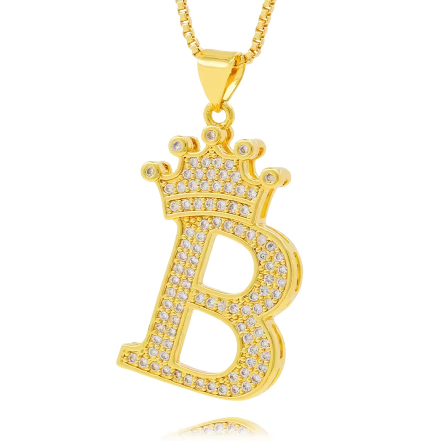 Necklace with English crown letter pendant and white cubic zirconia.