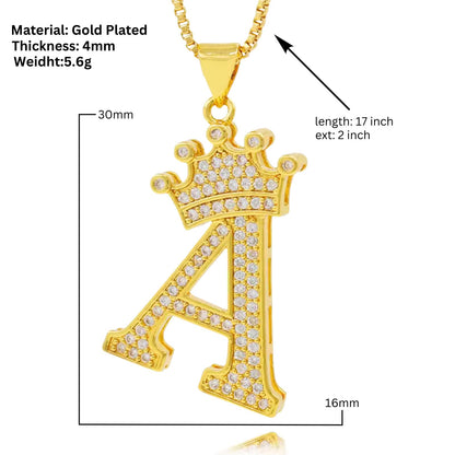 Necklace with English crown letter pendant and white cubic zirconia.