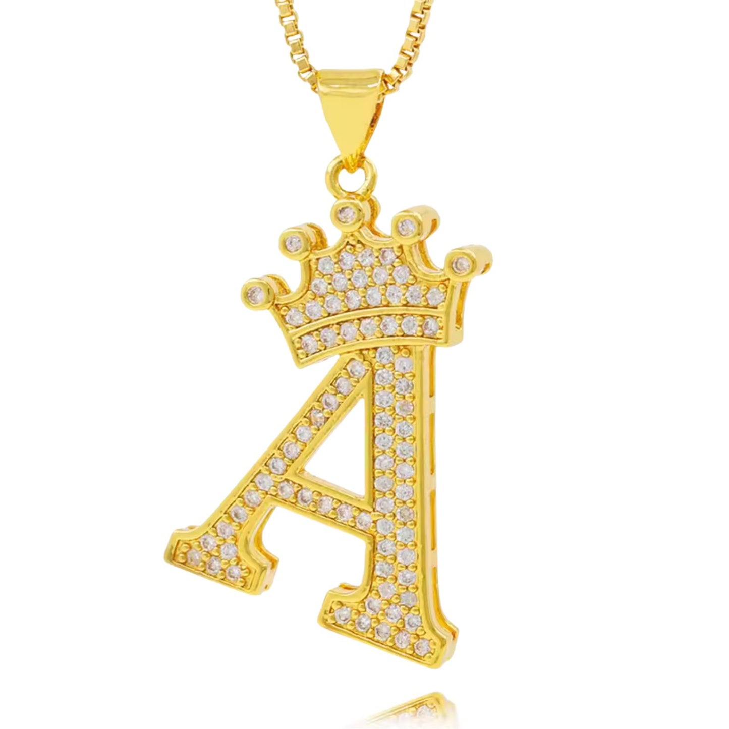 Necklace with English crown letter pendant and white cubic zirconia.