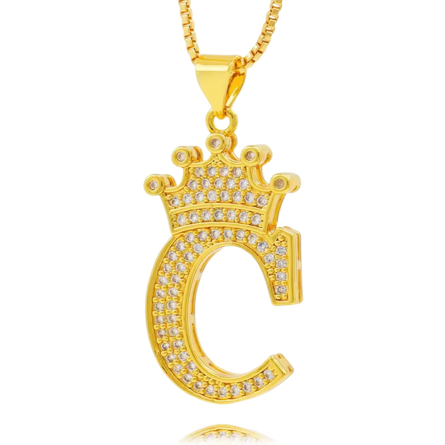 Necklace with English crown letter pendant and white cubic zirconia.