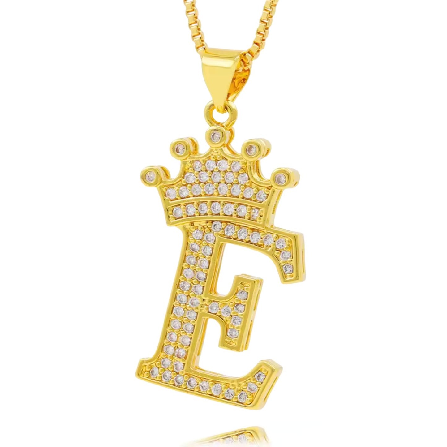 Necklace with English crown letter pendant and white cubic zirconia.