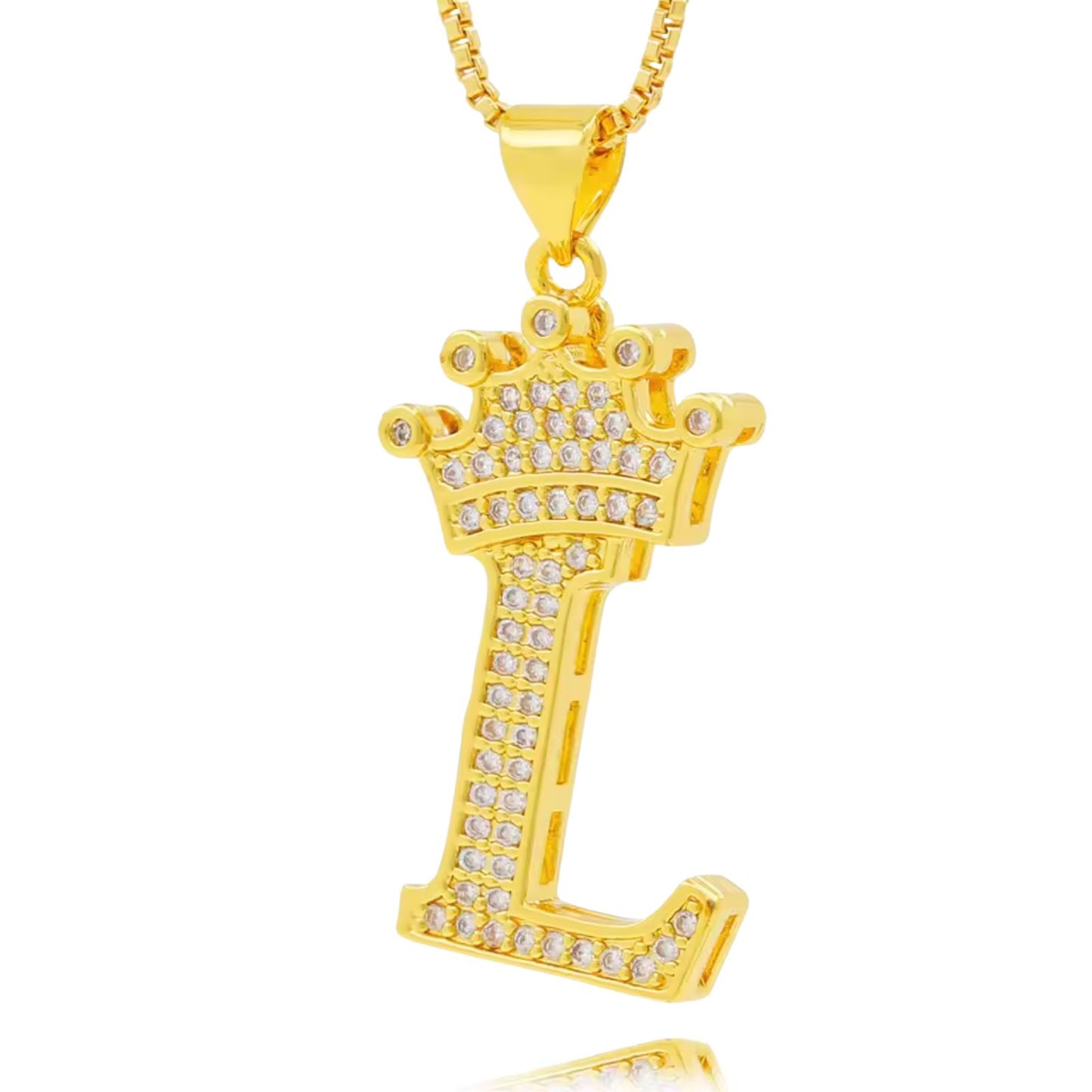 Necklace with English crown letter pendant and white cubic zirconia.