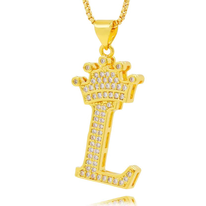 Necklace with English crown letter pendant and white cubic zirconia.