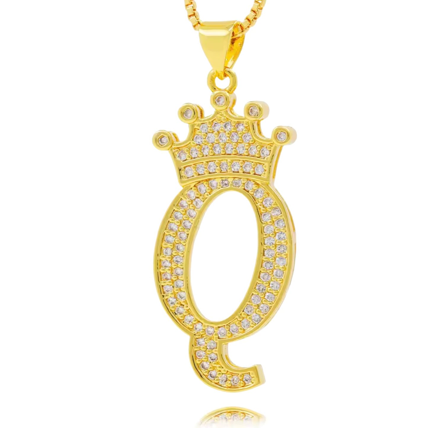 Necklace with English crown letter pendant and white cubic zirconia.